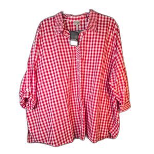 Von Landen Ulla Popken Red White Gingham Cotton Tunic Blouse 5X 32 34